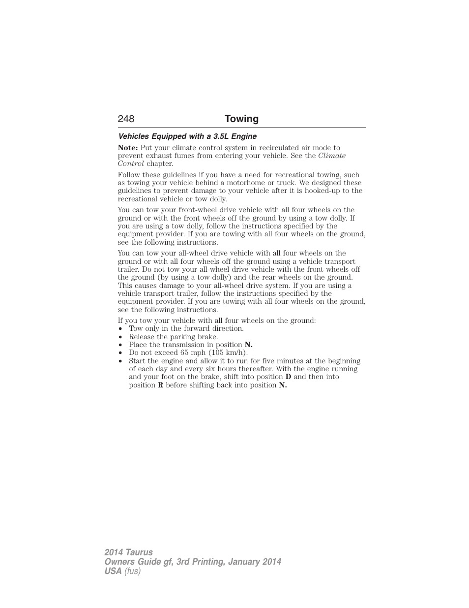 Vehicles equipped with a 3.5l engine, 248 towing | FORD 2014 Taurus v.3 User Manual | Page 249 / 553