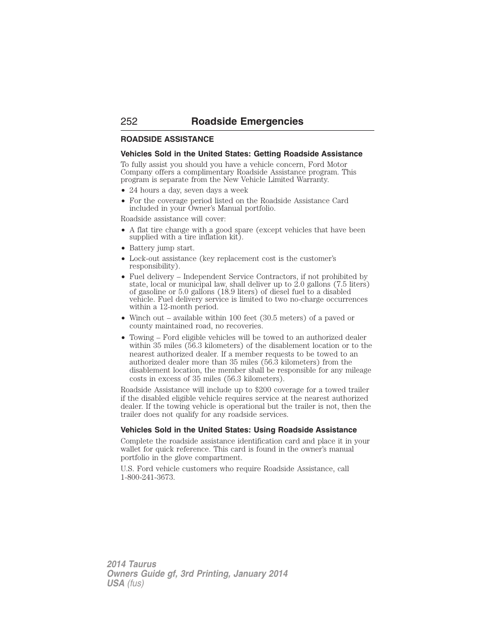Roadside emergencies, Roadside assistance, Getting roadside assistance | 252 roadside emergencies | FORD 2014 Taurus v.3 User Manual | Page 253 / 553