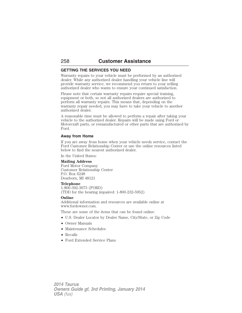 Customer assistance, Getting the services you need, Away from home | 258 customer assistance | FORD 2014 Taurus v.3 User Manual | Page 259 / 553