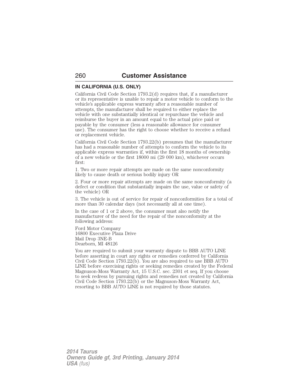 In california (u.s. only), 260 customer assistance | FORD 2014 Taurus v.3 User Manual | Page 261 / 553