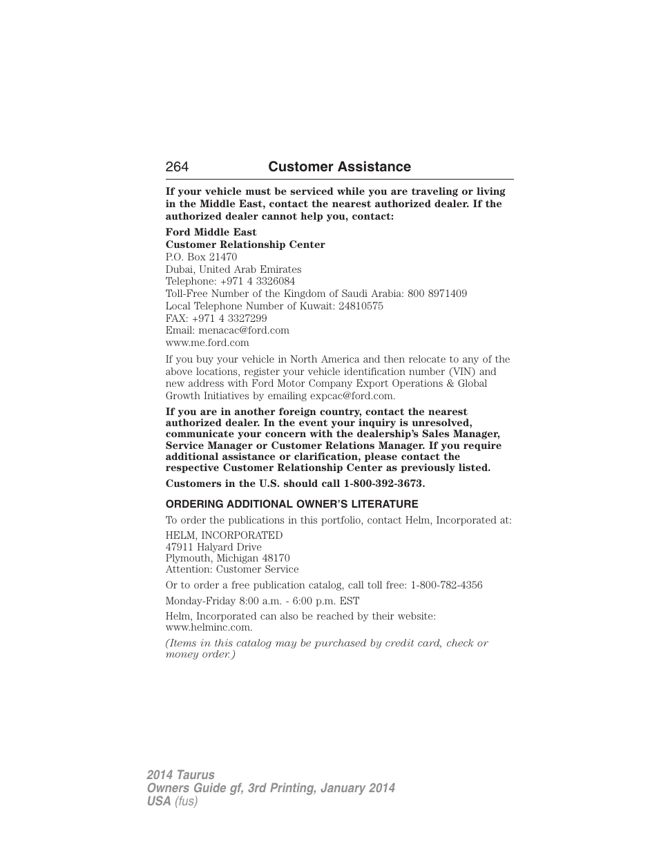 Ordering additional owner’s literature, 264 customer assistance | FORD 2014 Taurus v.3 User Manual | Page 265 / 553