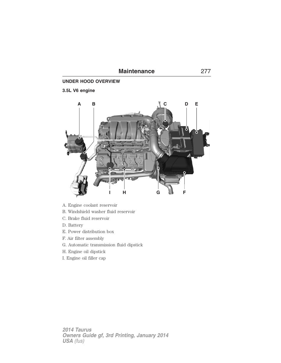 Under hood overview, 5l v6 engine, Maintenance 277 | FORD 2014 Taurus v.3 User Manual | Page 278 / 553