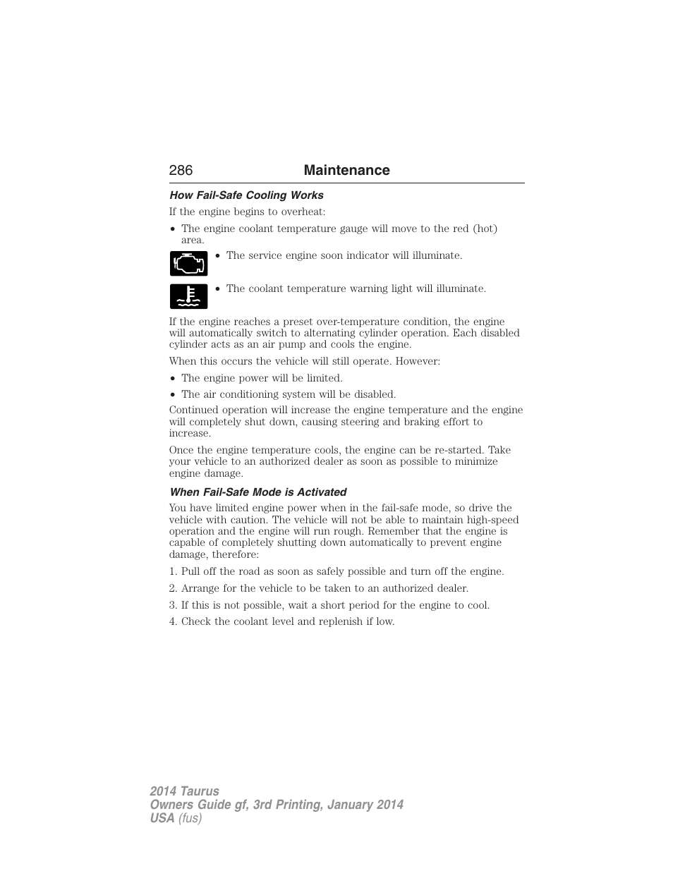 How fail-safe cooling works, When fail-safe mode is activated, 286 maintenance | FORD 2014 Taurus v.3 User Manual | Page 287 / 553