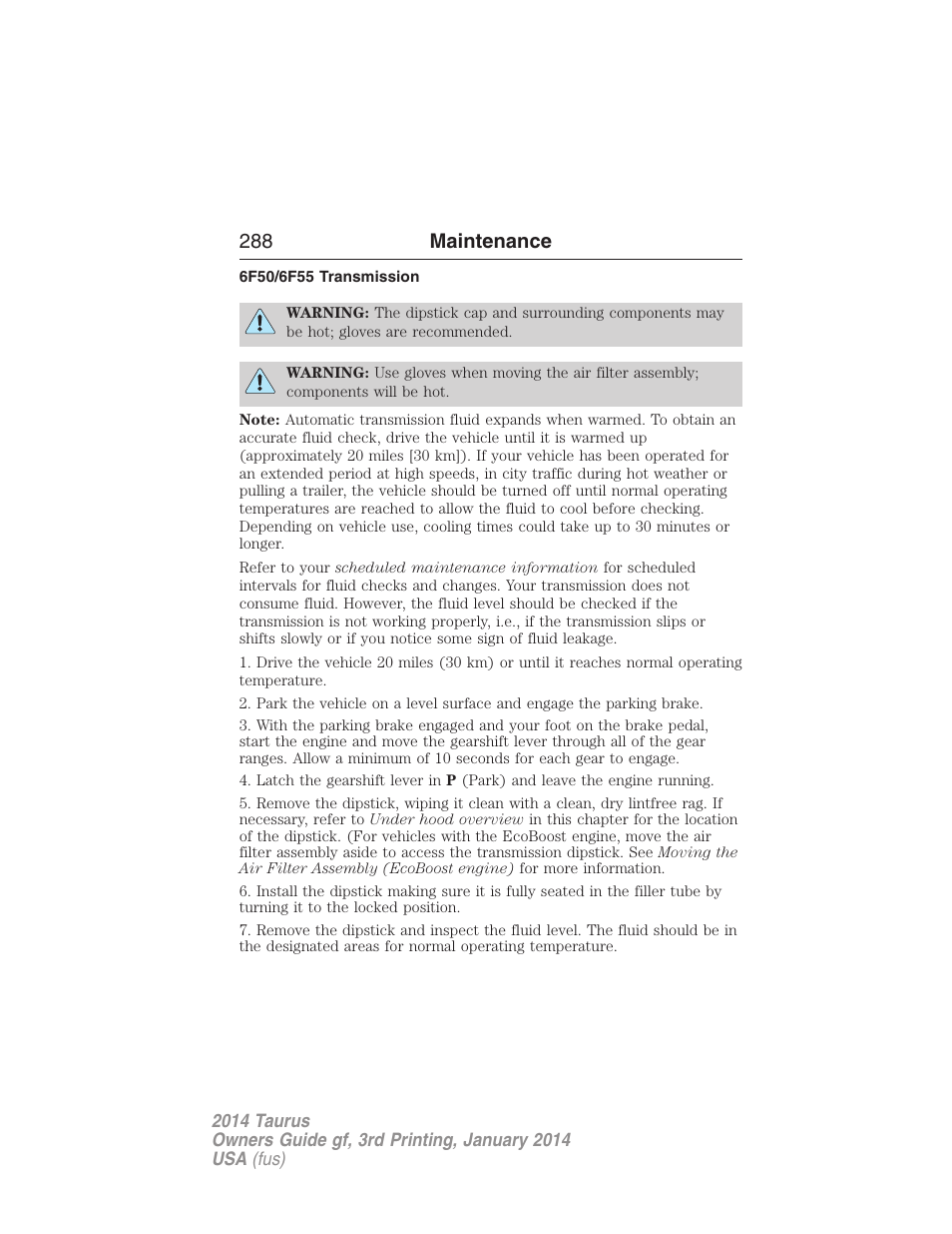 6f50/6f55 transmission, 288 maintenance | FORD 2014 Taurus v.3 User Manual | Page 289 / 553