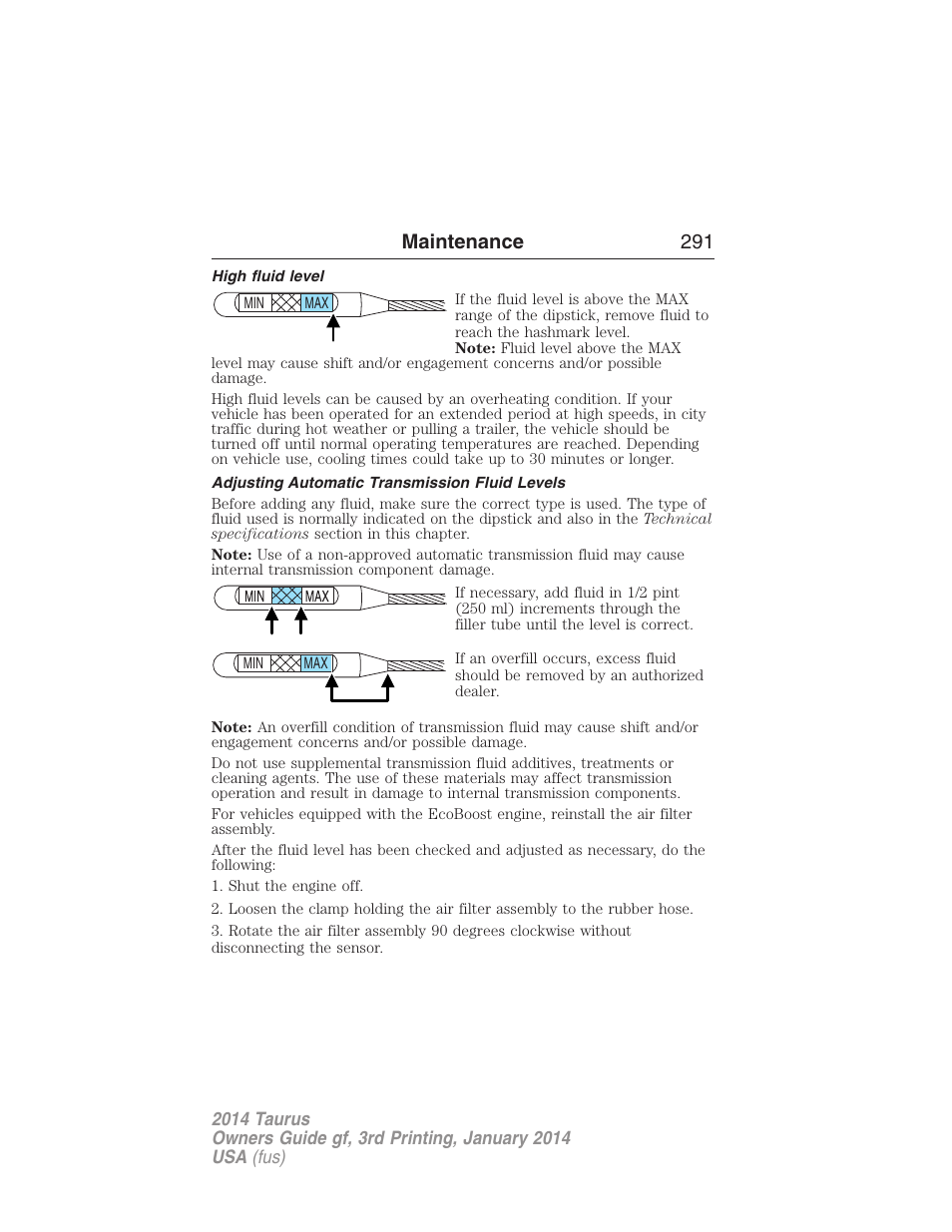 High fluid level, Adjusting automatic transmission fluid levels, Maintenance 291 | FORD 2014 Taurus v.3 User Manual | Page 292 / 553