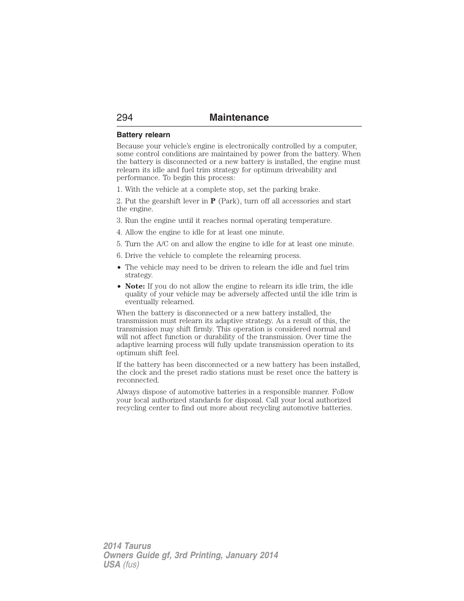 Battery relearn, 294 maintenance | FORD 2014 Taurus v.3 User Manual | Page 295 / 553