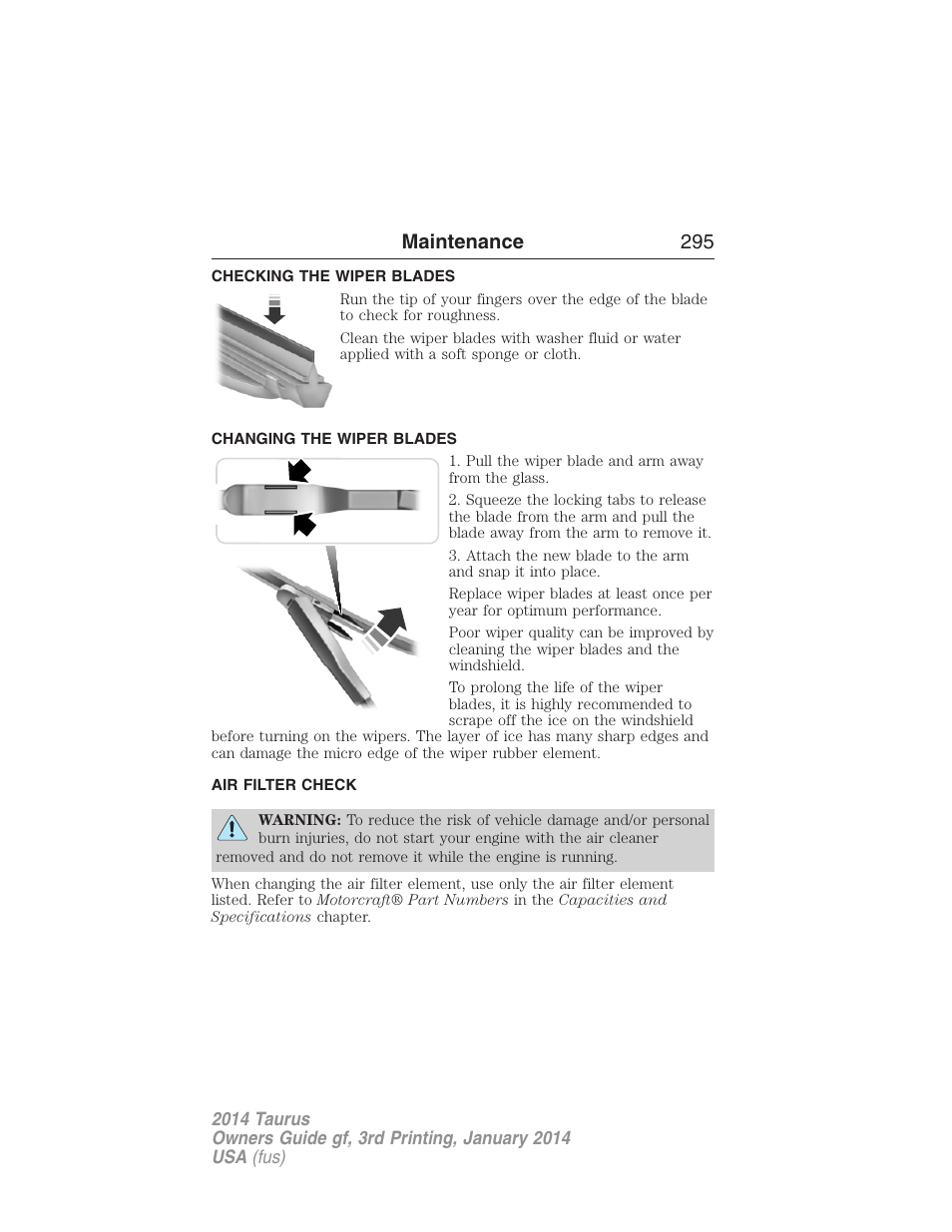 Checking the wiper blades, Changing the wiper blades, Air filter check | Air filter(s), Maintenance 295 | FORD 2014 Taurus v.3 User Manual | Page 296 / 553