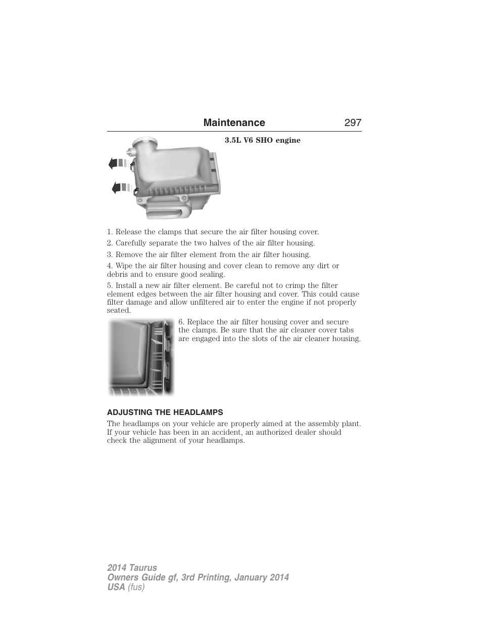 Adjusting the headlamps, Maintenance 297 | FORD 2014 Taurus v.3 User Manual | Page 298 / 553