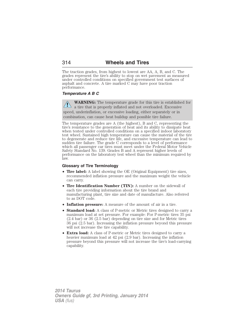 Temperature a b c, Glossary of tire terminology, 314 wheels and tires | FORD 2014 Taurus v.3 User Manual | Page 315 / 553