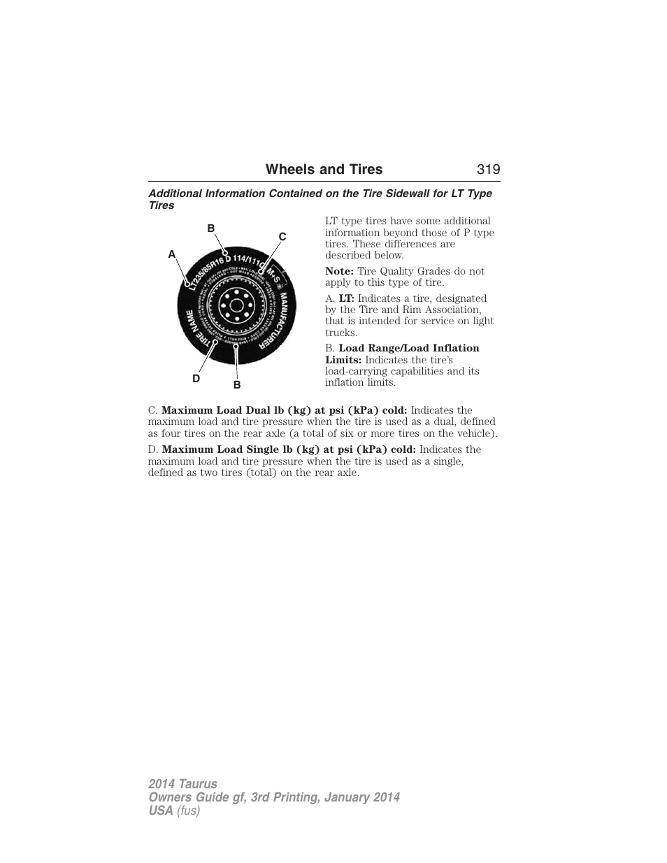 Wheels and tires 319 | FORD 2014 Taurus v.3 User Manual | Page 320 / 553