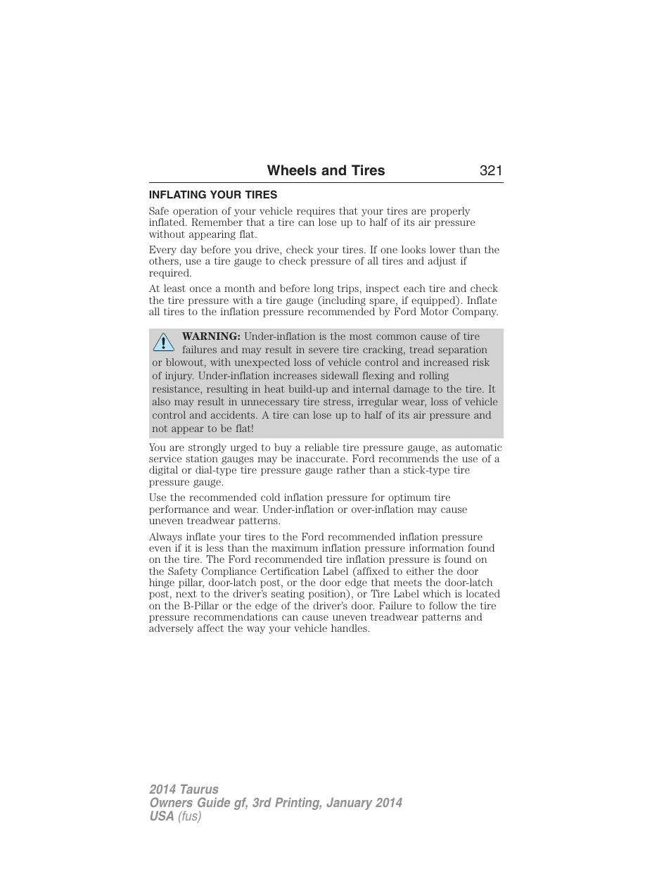 Inflating your tires, Wheels and tires 321 | FORD 2014 Taurus v.3 User Manual | Page 322 / 553