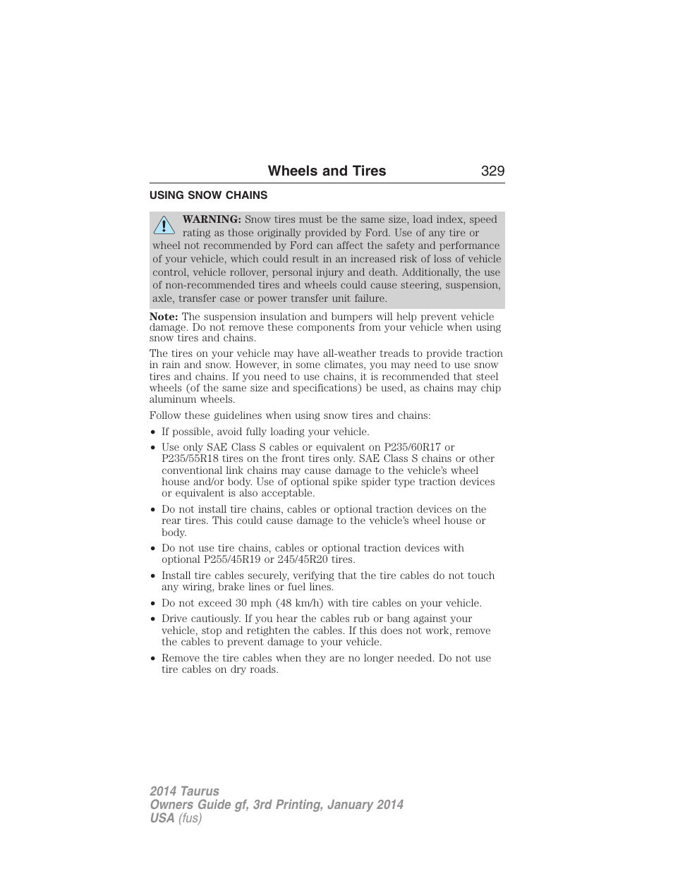 Using snow chains, Wheels and tires 329 | FORD 2014 Taurus v.3 User Manual | Page 330 / 553