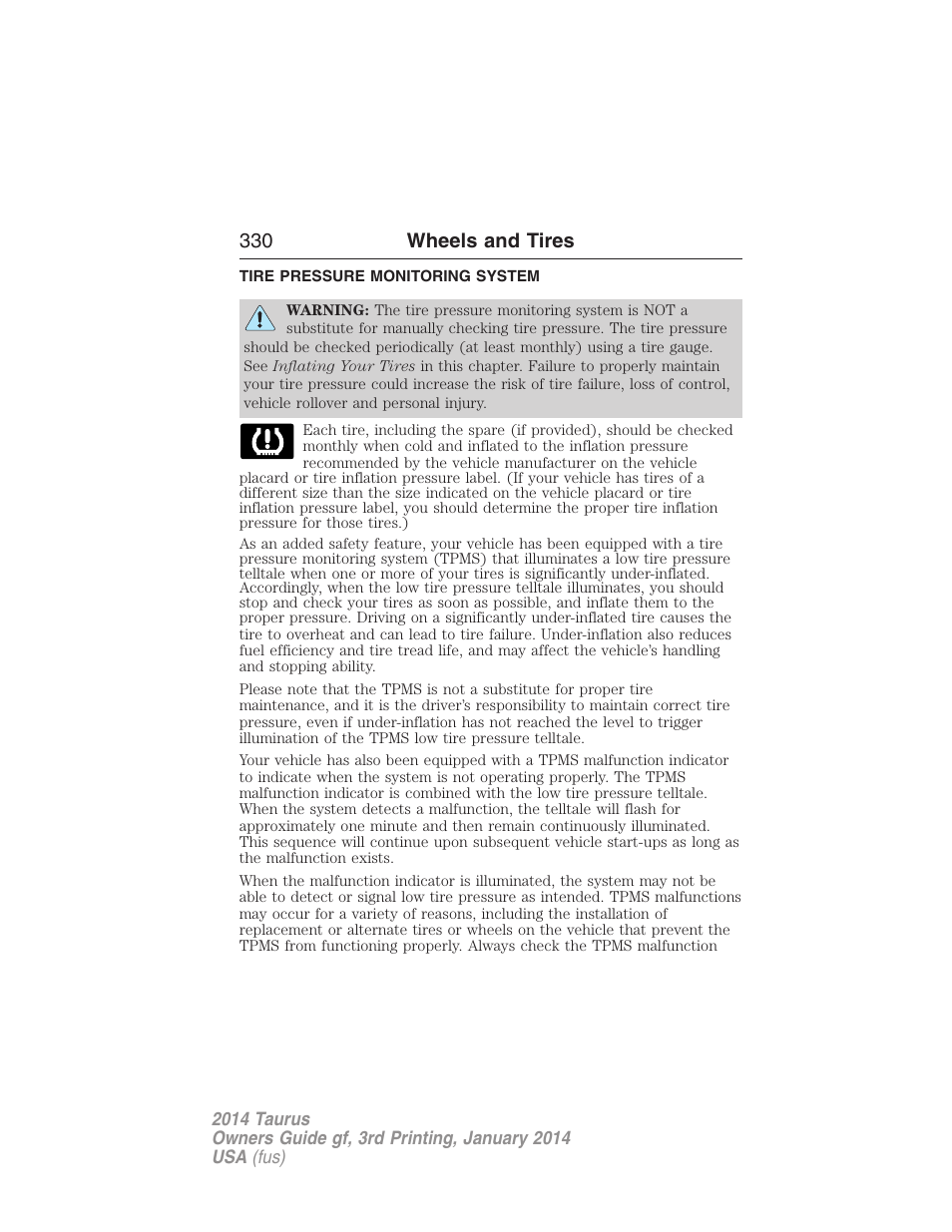 Tire pressure monitoring system, Tire pressure monitoring system (tpms), 330 wheels and tires | FORD 2014 Taurus v.3 User Manual | Page 331 / 553