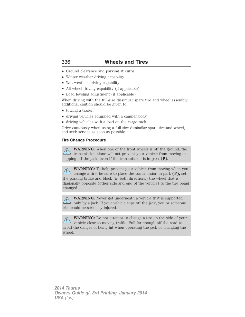 Tire change procedure, 336 wheels and tires | FORD 2014 Taurus v.3 User Manual | Page 337 / 553