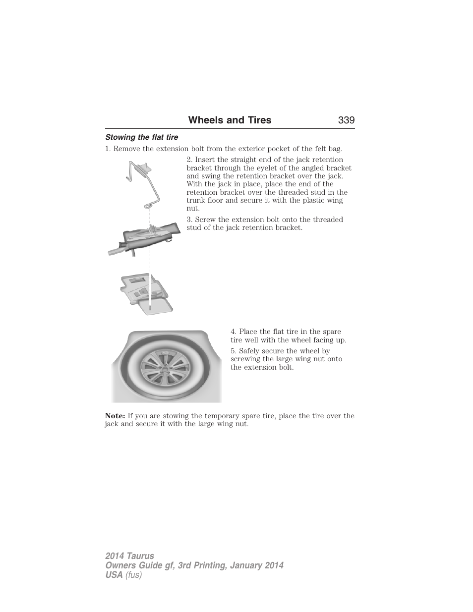 Stowing the flat tire, Wheels and tires 339 | FORD 2014 Taurus v.3 User Manual | Page 340 / 553