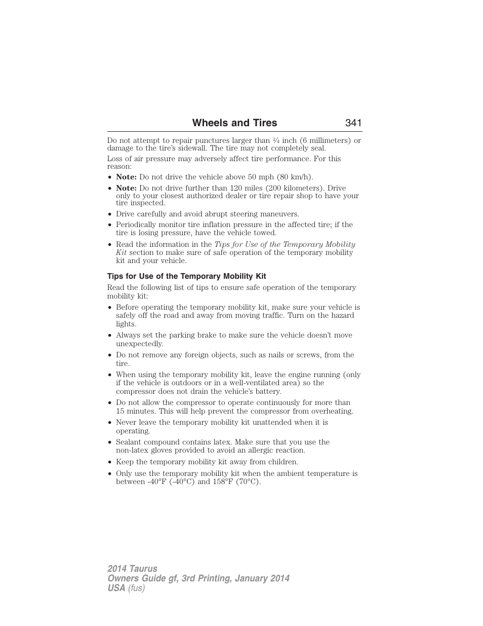 Tips for use of the temporary mobility kit, Wheels and tires 341 | FORD 2014 Taurus v.3 User Manual | Page 342 / 553