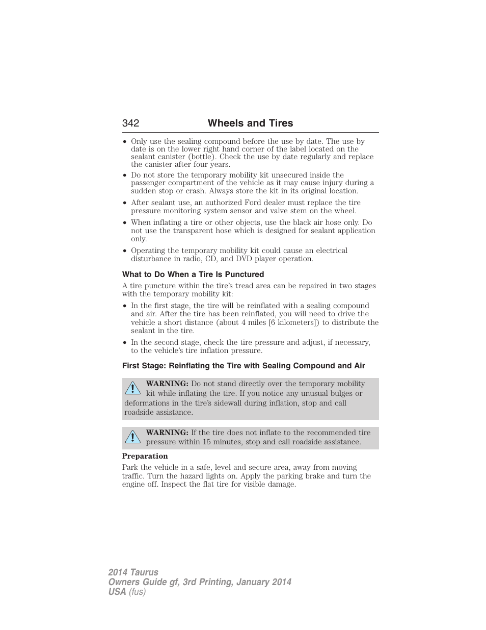 What to do when a tire is punctured, 342 wheels and tires | FORD 2014 Taurus v.3 User Manual | Page 343 / 553