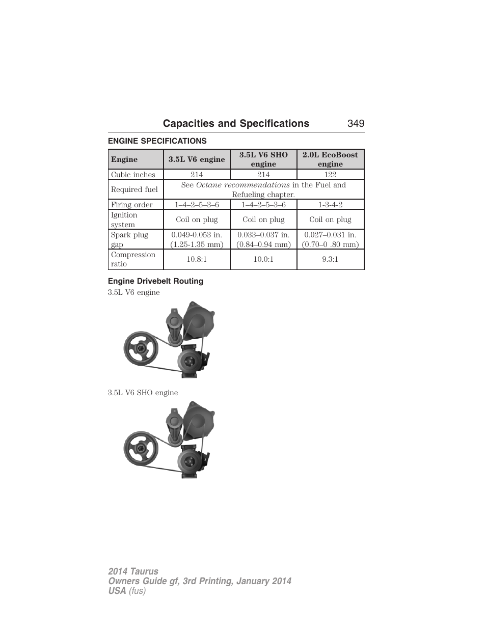 Capacities and specifications, Engine specifications, Engine drivebelt routing | Capacities and specifications 349 | FORD 2014 Taurus v.3 User Manual | Page 350 / 553