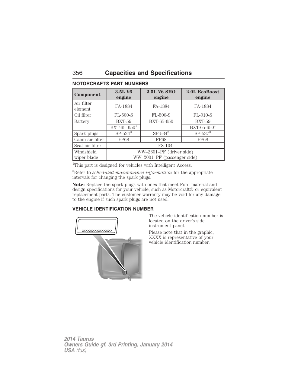 Motorcraft® part numbers, Vehicle identification number, Part numbers | 356 capacities and specifications | FORD 2014 Taurus v.3 User Manual | Page 357 / 553