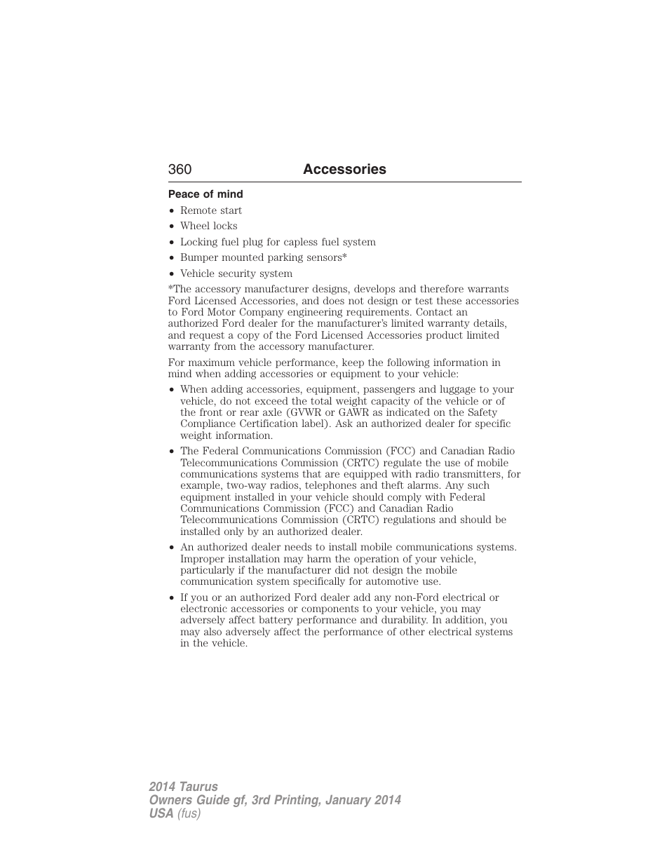 Peace of mind, 360 accessories | FORD 2014 Taurus v.3 User Manual | Page 361 / 553