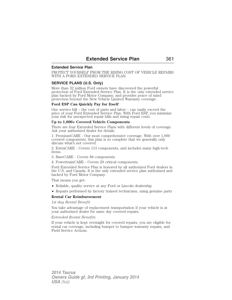 Extended service plan, Service plans (u.s. only), Extended service plan 361 | FORD 2014 Taurus v.3 User Manual | Page 362 / 553