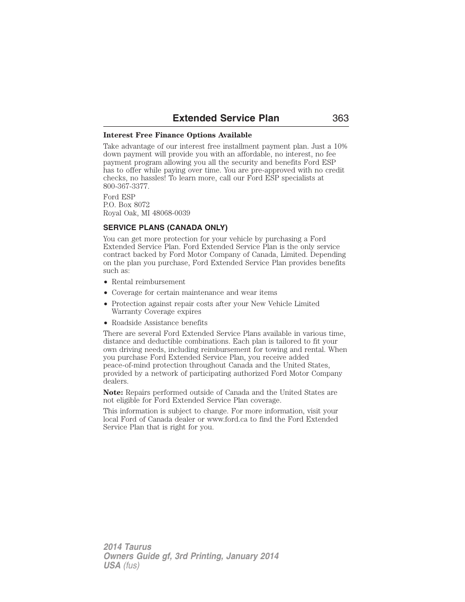 Service plans (canada only), Extended service plan 363 | FORD 2014 Taurus v.3 User Manual | Page 364 / 553