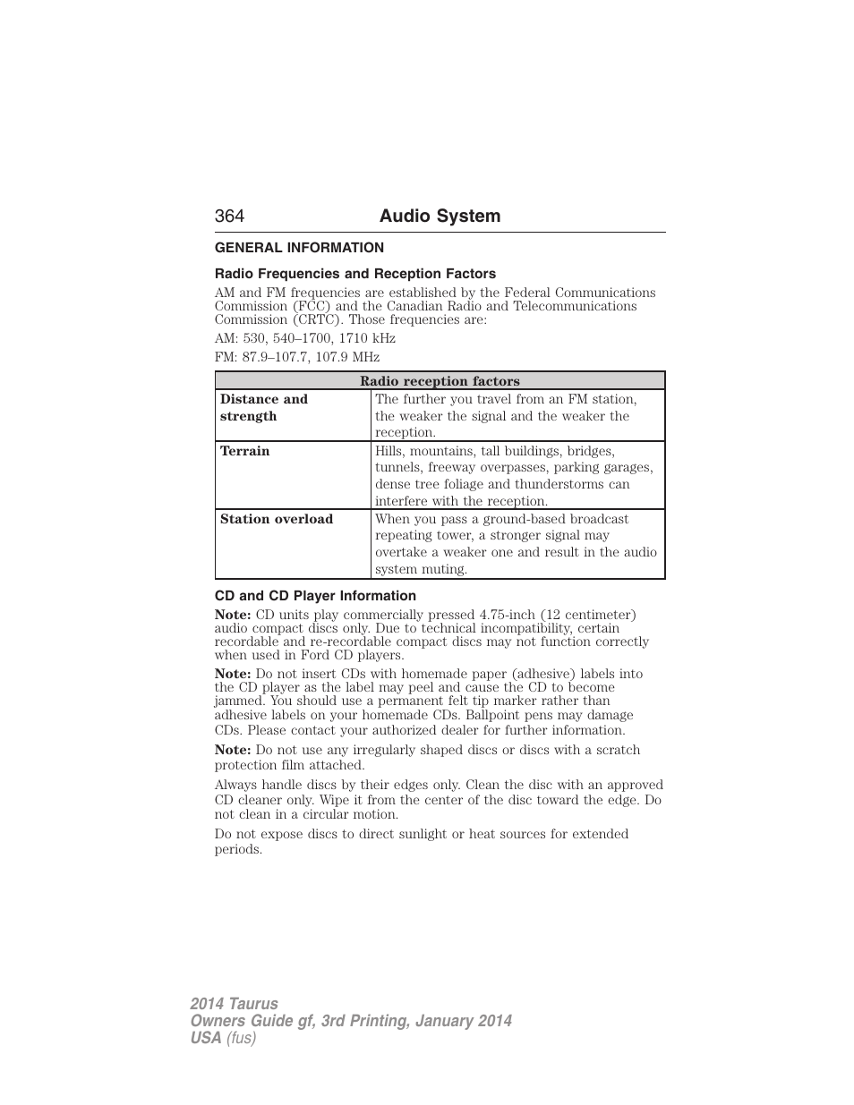 Audio system, General information, Radio frequencies and reception factors | Cd and cd player information, 364 audio system | FORD 2014 Taurus v.3 User Manual | Page 365 / 553