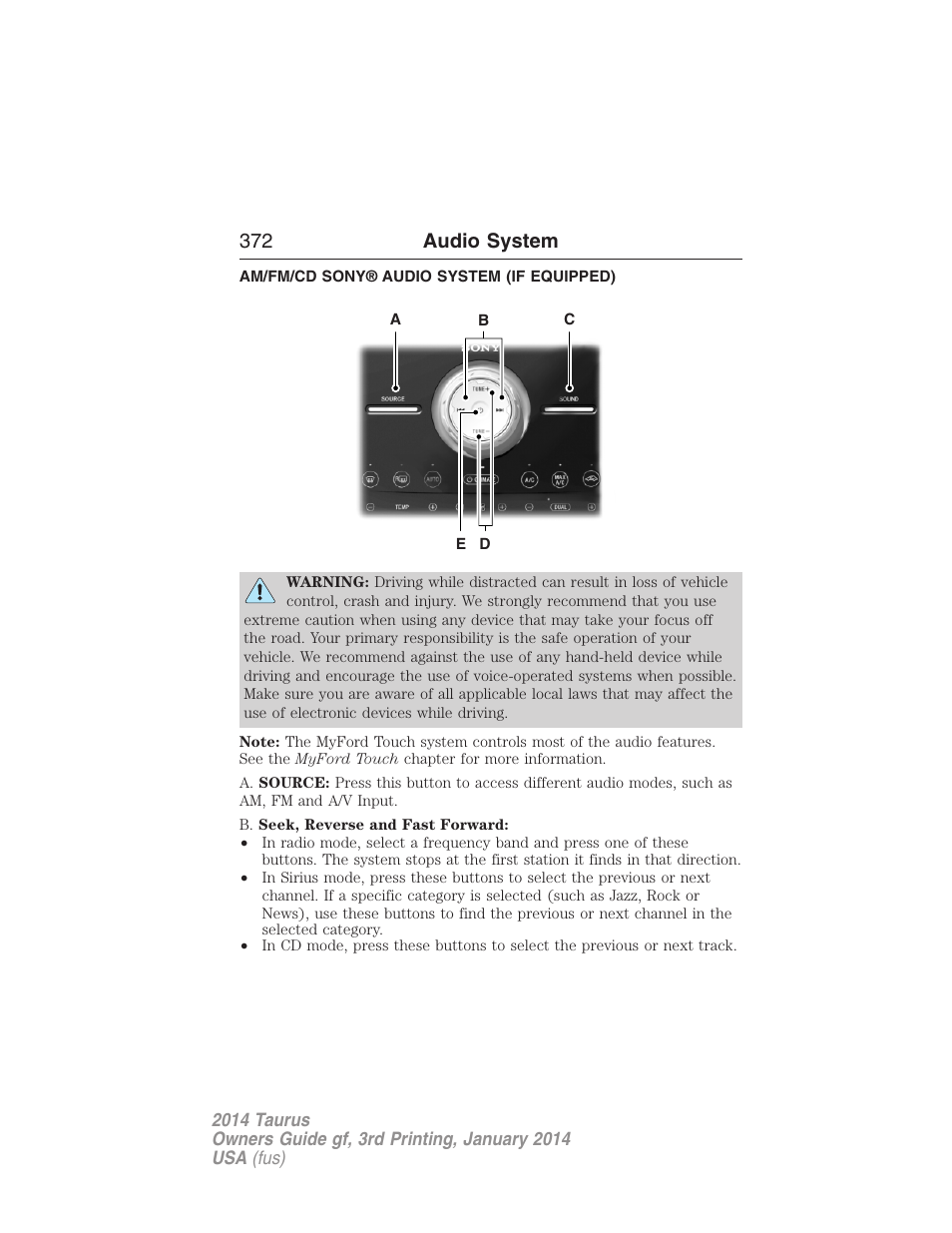 Am/fm/cd sony® audio system (if equipped), 372 audio system | FORD 2014 Taurus v.3 User Manual | Page 373 / 553