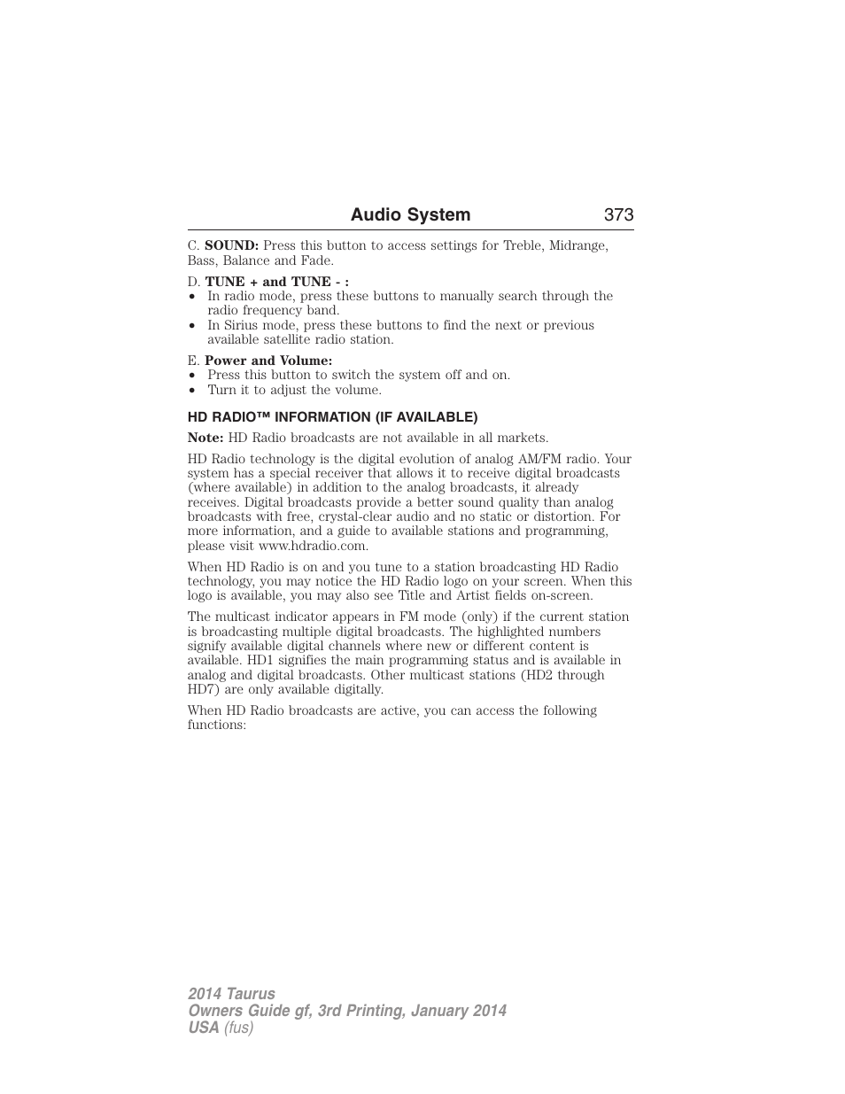 Hd radio™ information (if available), Audio system 373 | FORD 2014 Taurus v.3 User Manual | Page 374 / 553