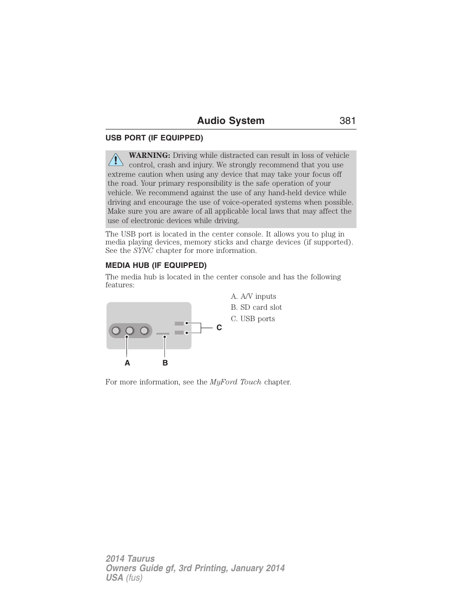 Usb port (if equipped), Media hub (if equipped), Usb port | Audio system 381 | FORD 2014 Taurus v.3 User Manual | Page 382 / 553