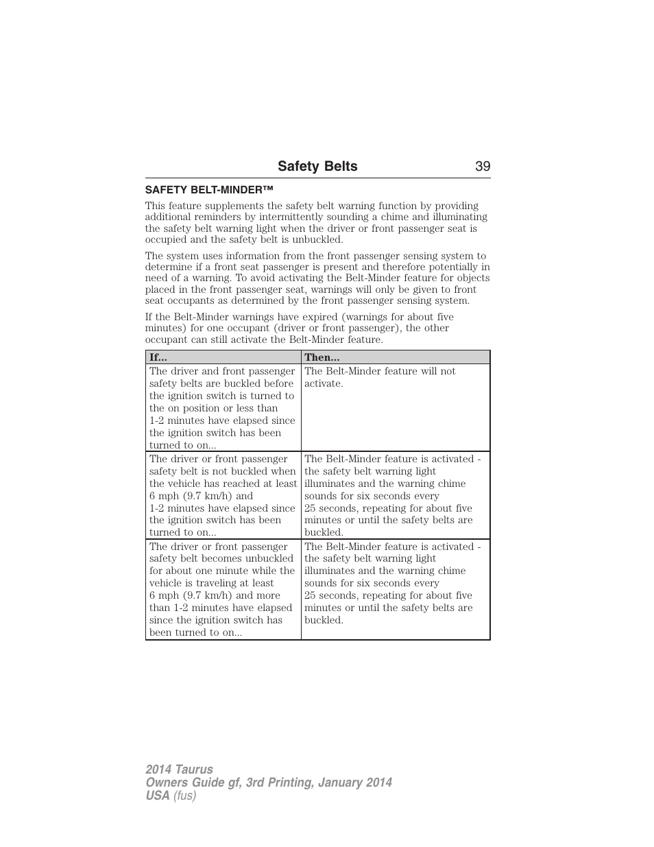 Safety belt-minder, Safety belts 39 | FORD 2014 Taurus v.3 User Manual | Page 40 / 553