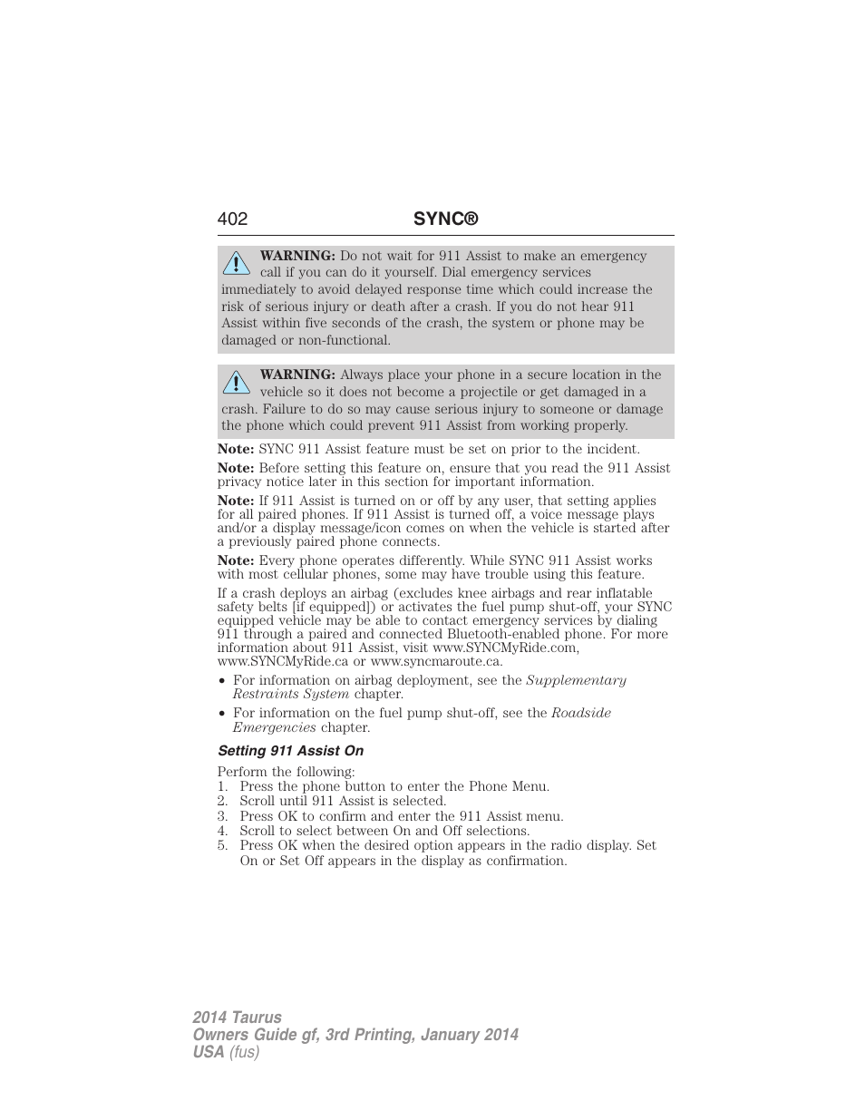 Setting 911 assist on, 402 sync | FORD 2014 Taurus v.3 User Manual | Page 403 / 553