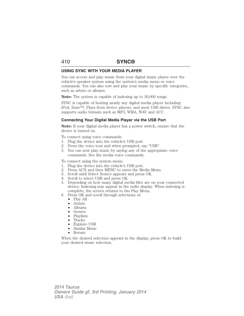 Using sync with your media player, 410 sync | FORD 2014 Taurus v.3 User Manual | Page 411 / 553