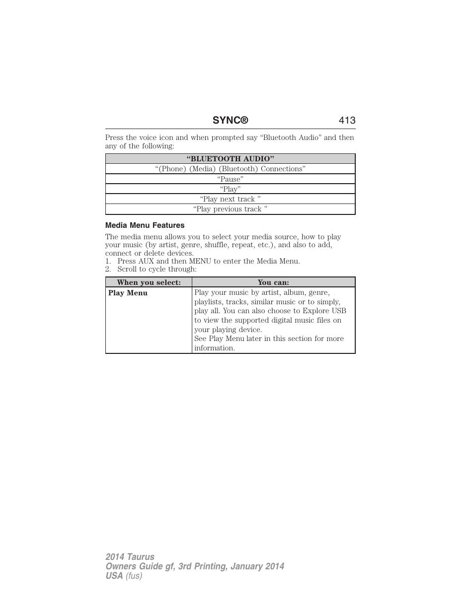 Media menu features, Sync® 413 | FORD 2014 Taurus v.3 User Manual | Page 414 / 553