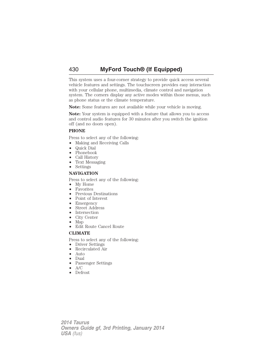 430 myford touch® (if equipped) | FORD 2014 Taurus v.3 User Manual | Page 431 / 553