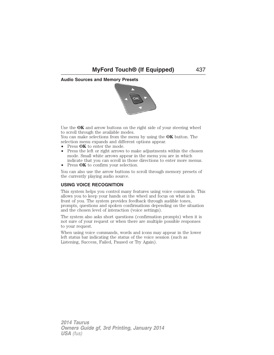 Audio sources and memory presets, Using voice recognition, Voice recognition | Myford touch® (if equipped) 437 | FORD 2014 Taurus v.3 User Manual | Page 438 / 553