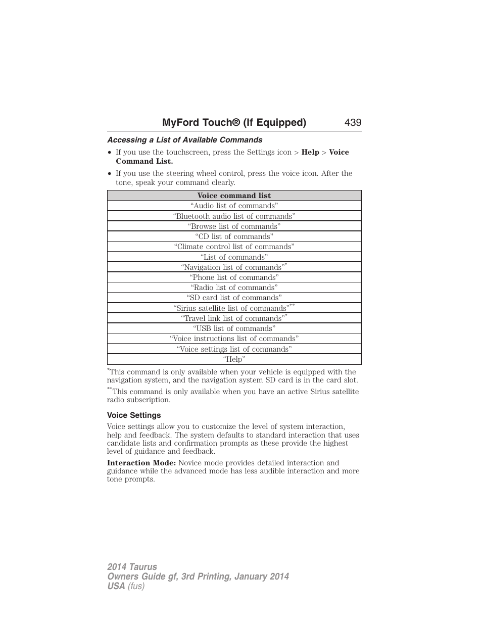 Accessing a list of available commands, Voice settings, Myford touch® (if equipped) 439 | FORD 2014 Taurus v.3 User Manual | Page 440 / 553