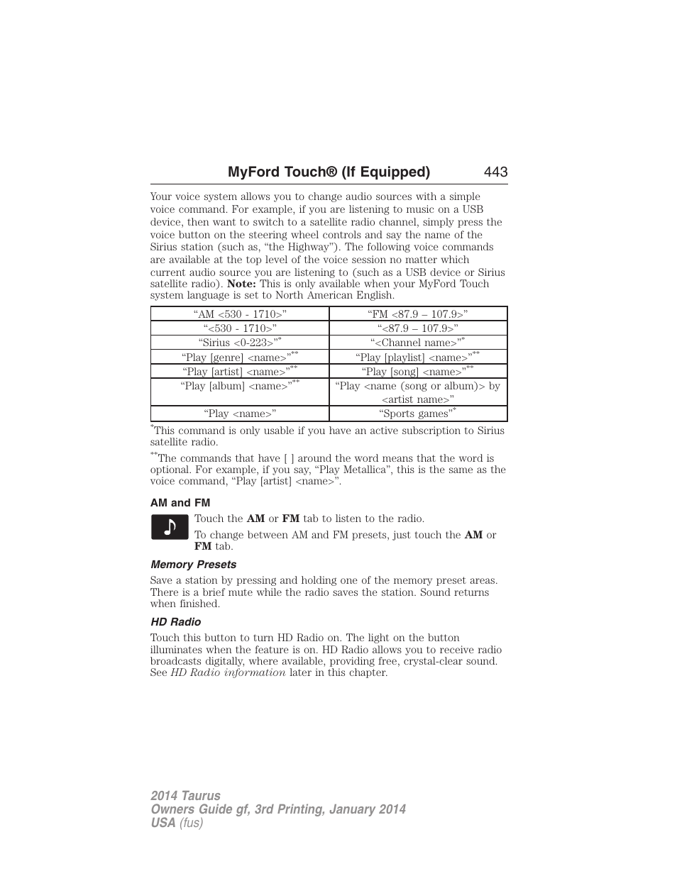 Am and fm, Memory presets, Hd radio | Myford touch® (if equipped) 443 | FORD 2014 Taurus v.3 User Manual | Page 444 / 553