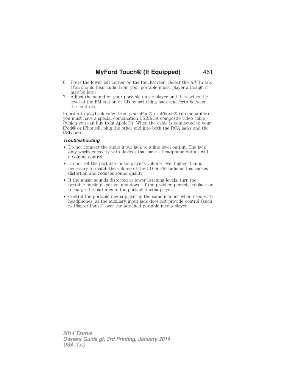 Troubleshooting, Myford touch® (if equipped) 461 | FORD 2014 Taurus v.3 User Manual | Page 462 / 553