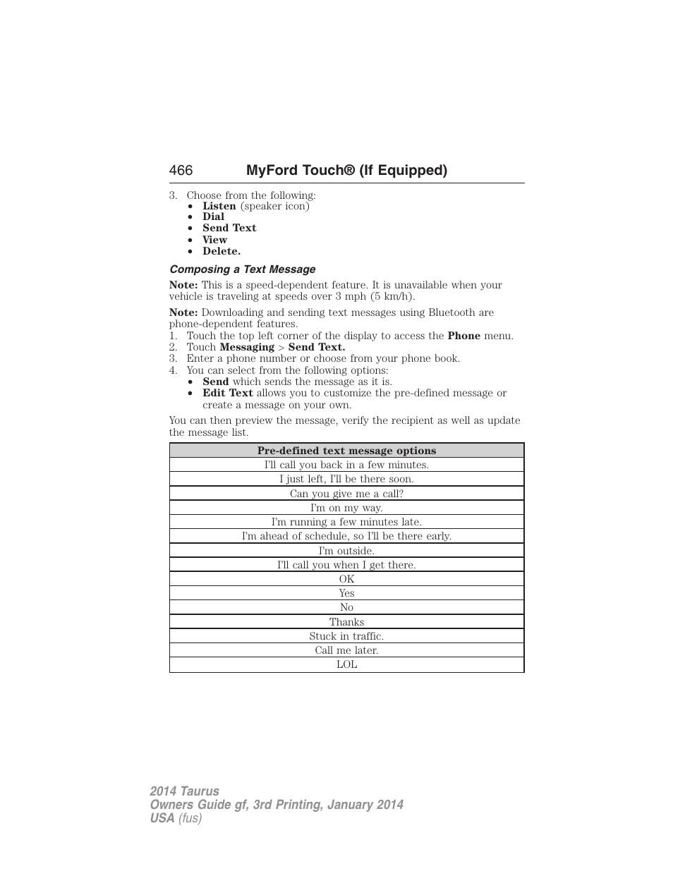 Composing a text message, 466 myford touch® (if equipped) | FORD 2014 Taurus v.3 User Manual | Page 467 / 553