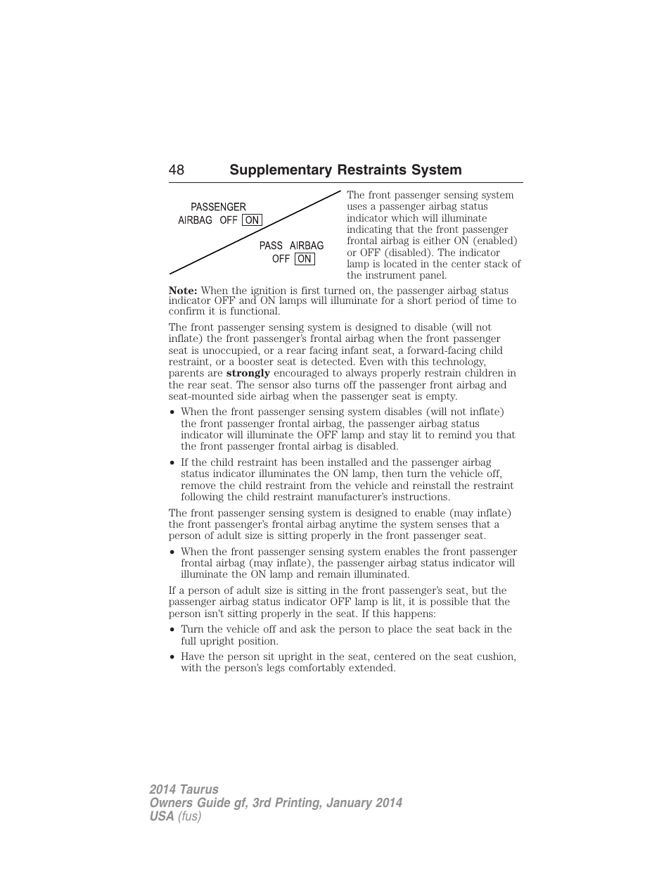 48 supplementary restraints system | FORD 2014 Taurus v.3 User Manual | Page 49 / 553