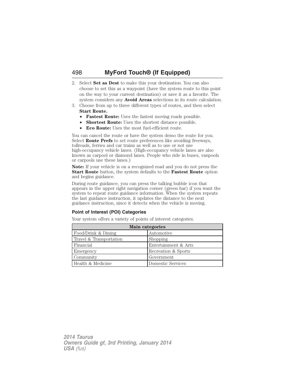 Point of interest (poi) categories, 498 myford touch® (if equipped) | FORD 2014 Taurus v.3 User Manual | Page 499 / 553