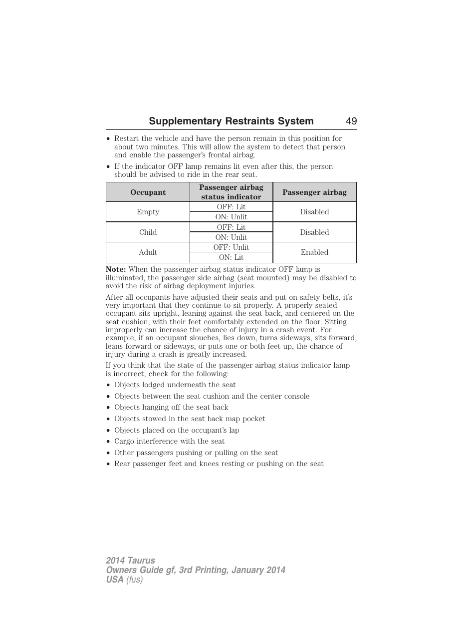 Supplementary restraints system 49 | FORD 2014 Taurus v.3 User Manual | Page 50 / 553