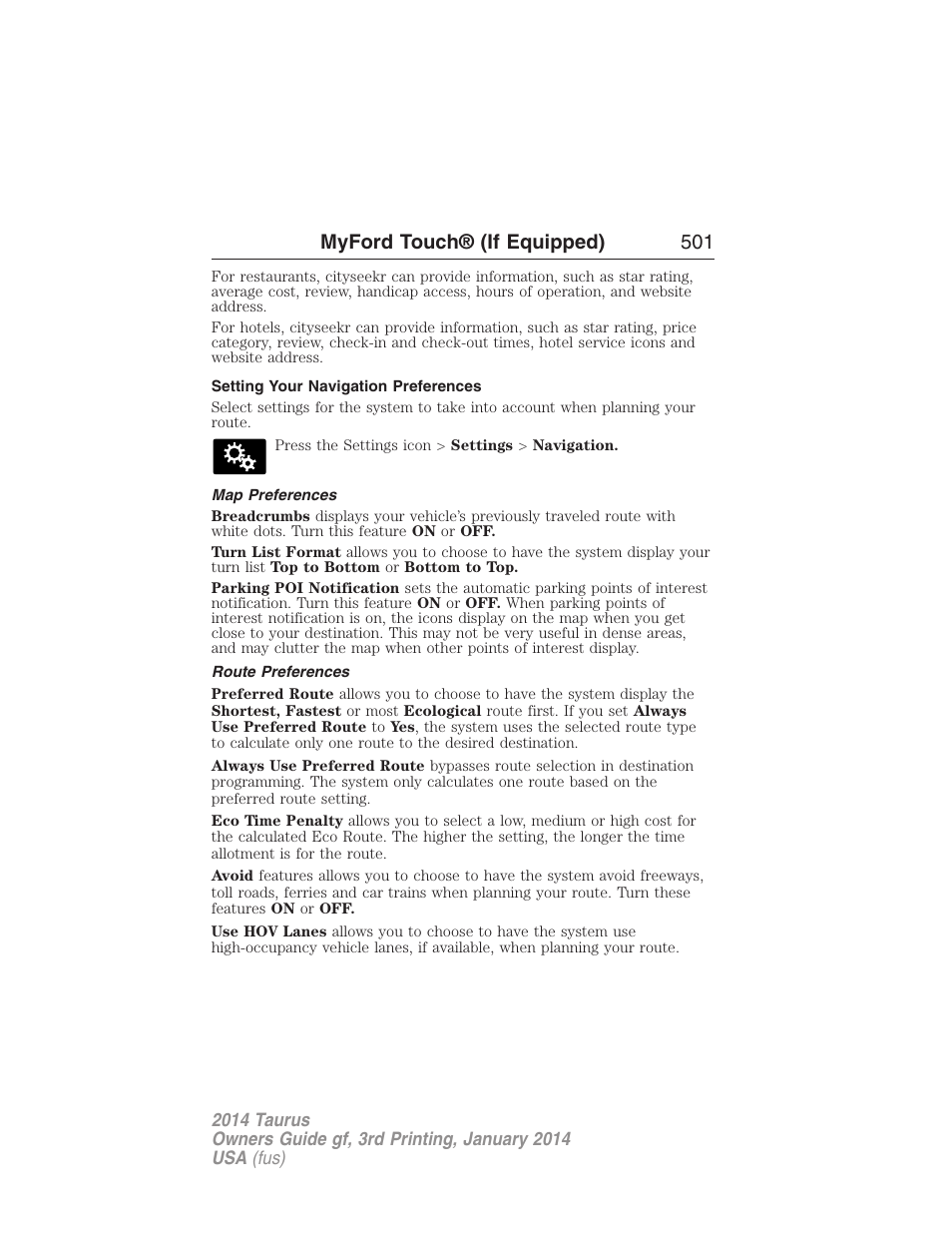 Setting your navigation preferences, Map preferences, Route preferences | Myford touch® (if equipped) 501 | FORD 2014 Taurus v.3 User Manual | Page 502 / 553