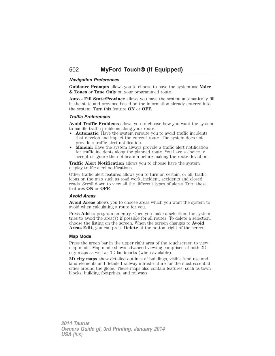 Navigation preferences, Traffic preferences, Avoid areas | Map mode, 502 myford touch® (if equipped) | FORD 2014 Taurus v.3 User Manual | Page 503 / 553