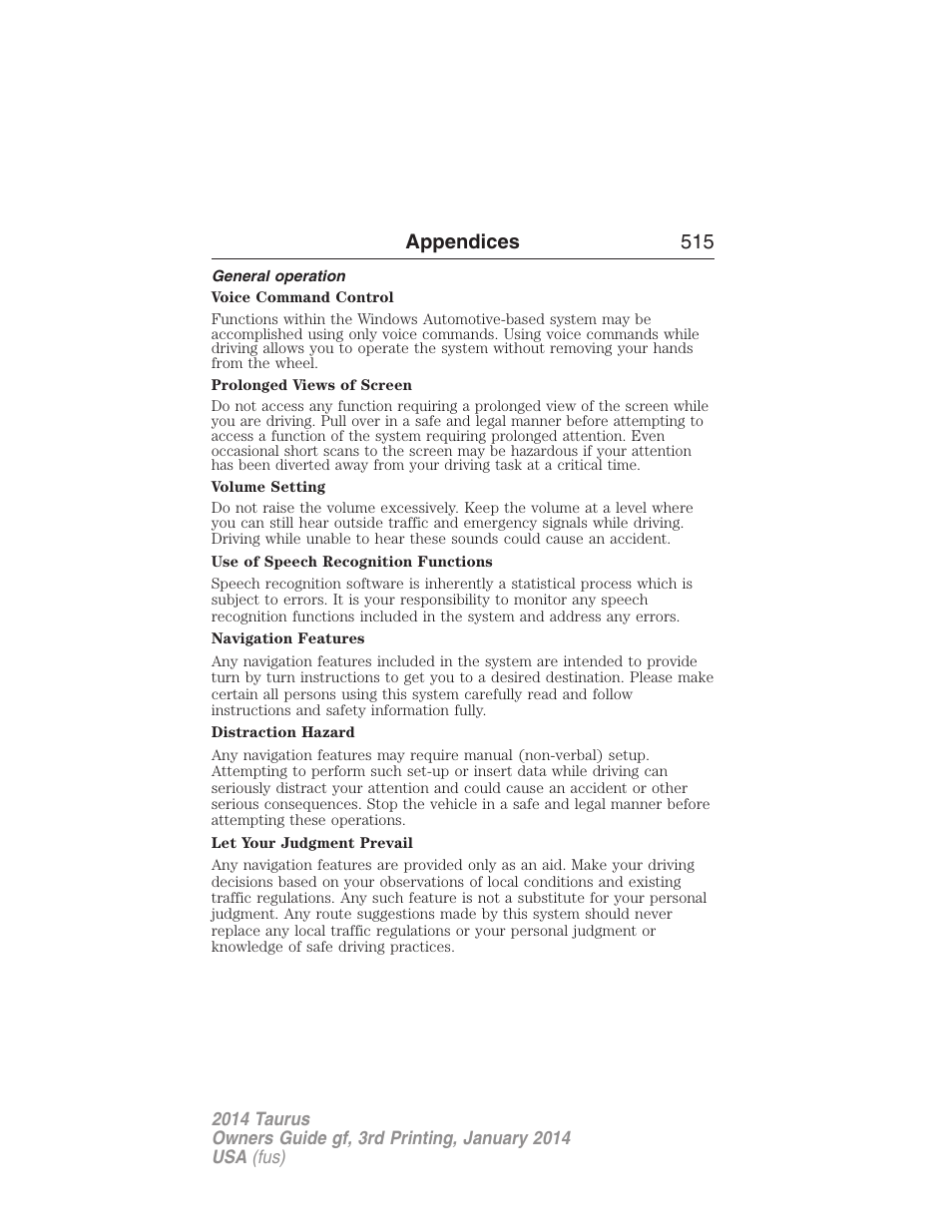 General operation, Appendices 515 | FORD 2014 Taurus v.3 User Manual | Page 516 / 553