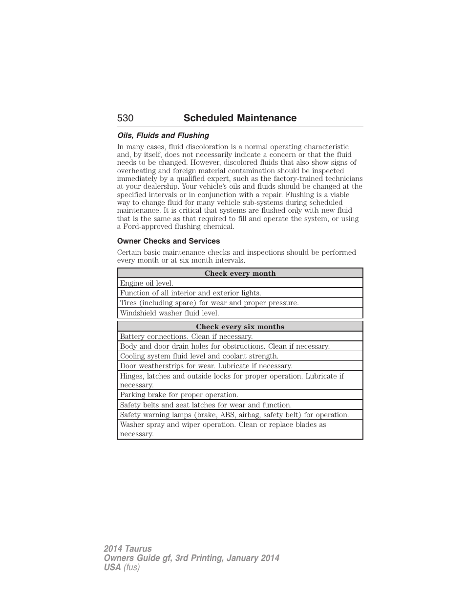 Oils, fluids and flushing, Owner checks and services, 530 scheduled maintenance | FORD 2014 Taurus v.3 User Manual | Page 531 / 553