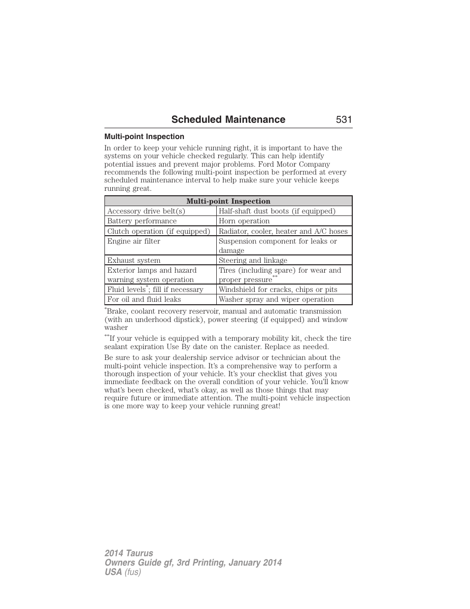 Multi-point inspection, Scheduled maintenance 531 | FORD 2014 Taurus v.3 User Manual | Page 532 / 553