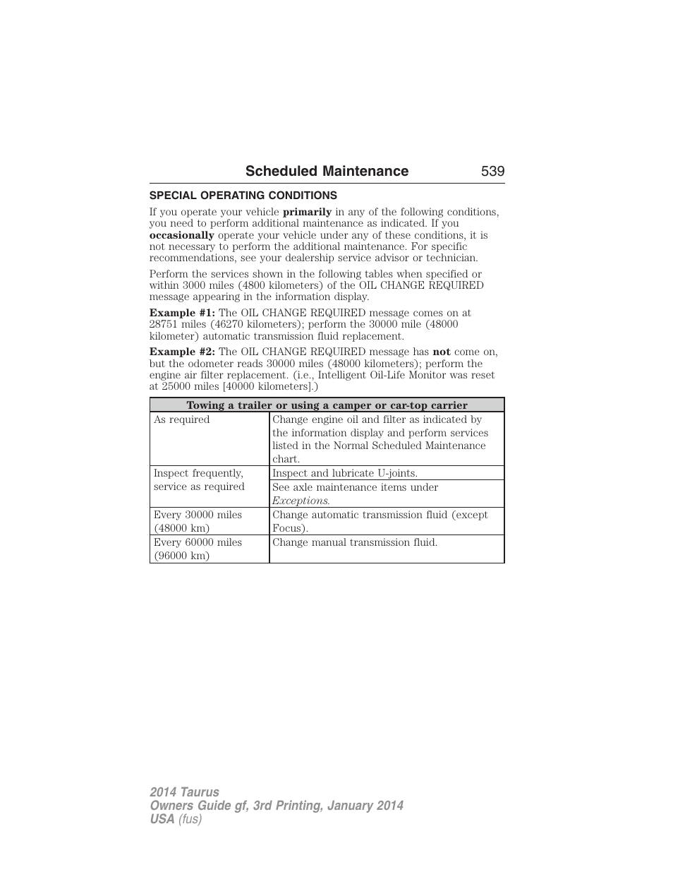 Special operating conditions, Scheduled maintenance 539 | FORD 2014 Taurus v.3 User Manual | Page 540 / 553