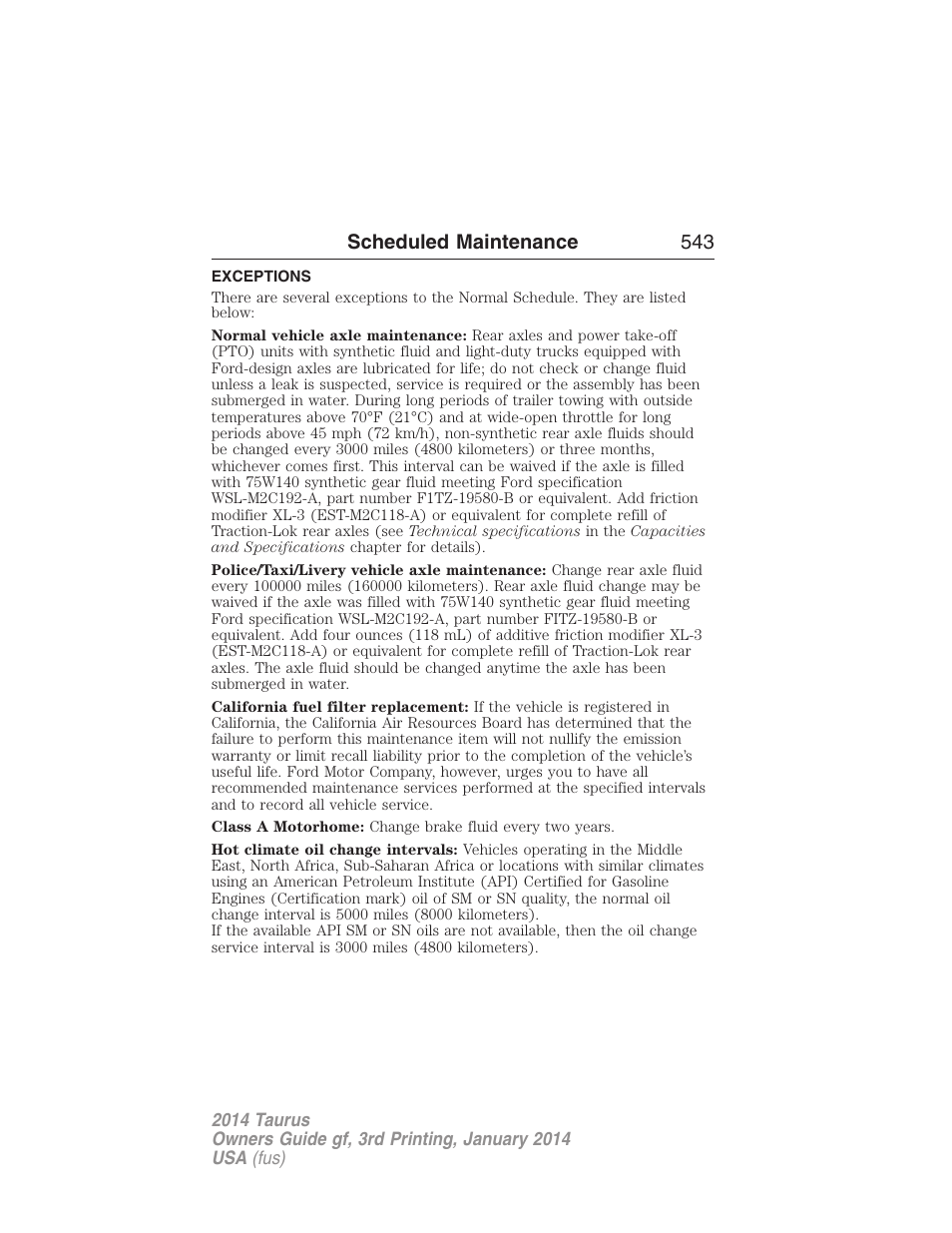 Exceptions, Scheduled maintenance 543 | FORD 2014 Taurus v.3 User Manual | Page 544 / 553